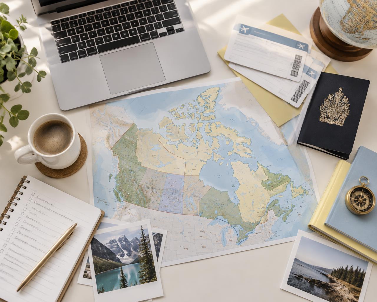 A travel advisor's desk with a map of Canada, boarding passes, a passport and a laptop